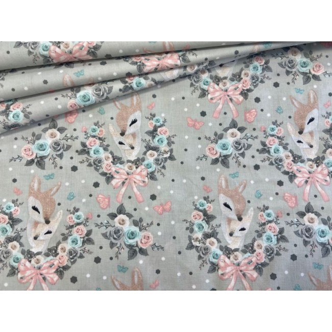Cotton Fabric - Sleeping Deer on Grey