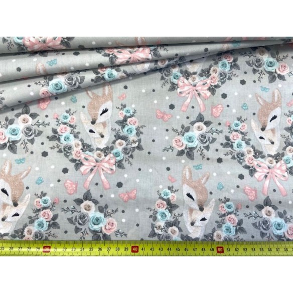 Cotton Fabric - Sleeping Deer on Grey