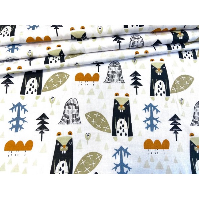 Cotton Fabric - Orange Beavers in the Forest