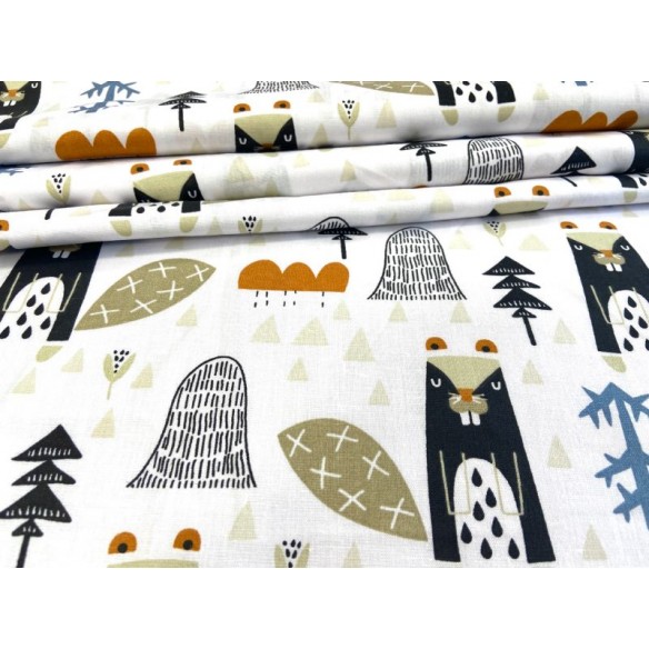 Cotton Fabric - Orange Beavers in the Forest