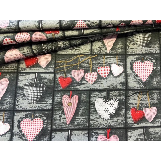 Cotton Fabric - 3D Patchwork Hearts on Grey