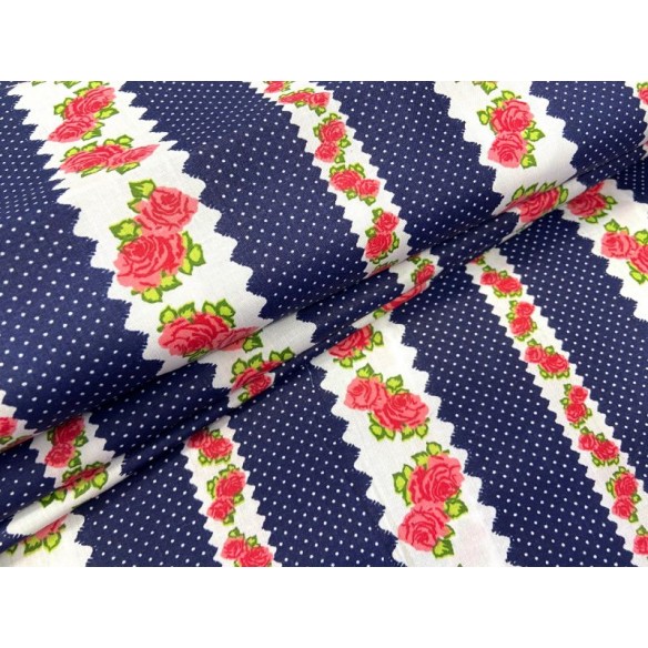 Cotton Fabric - Roses Stripes and Navy Blue Dots