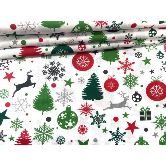 Cotton Fabric - Christmas Balls Trees Presents on White