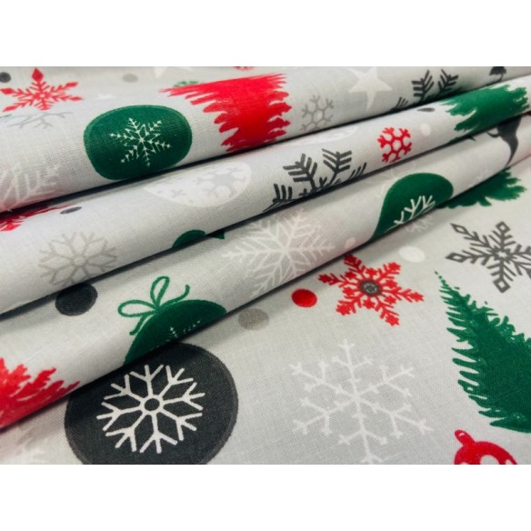Cotton Fabric - Christmas Balls Trees Presents on Grey