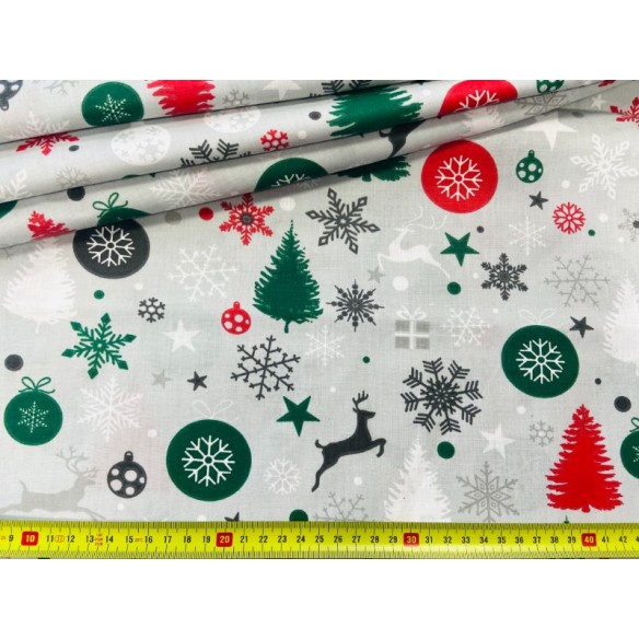 Cotton Fabric - Christmas Balls Trees Presents on Grey