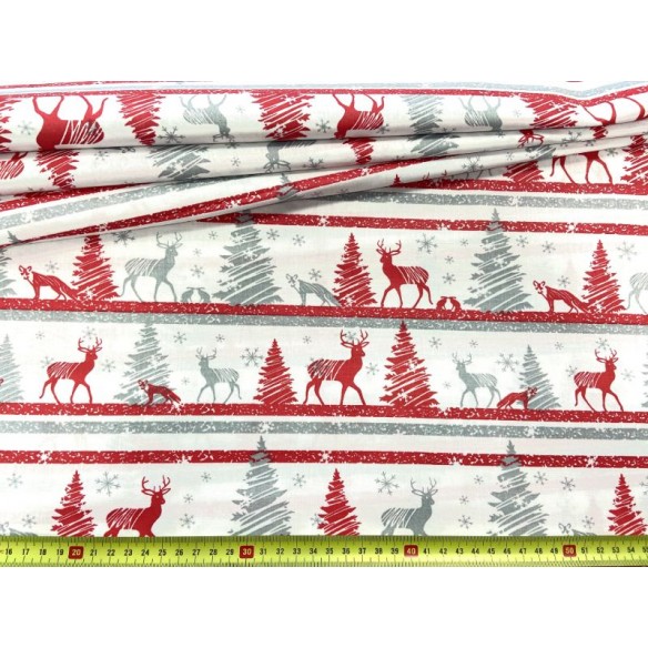 Cotton Fabric - Reindeer on a Line Red