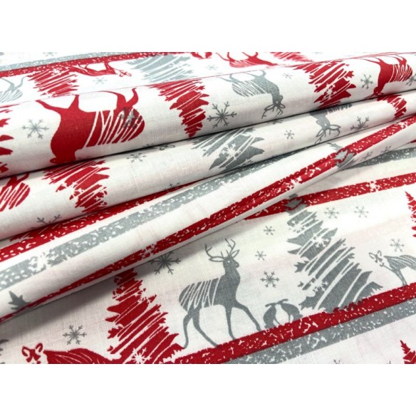 Cotton Fabric - Reindeer on a Line Red