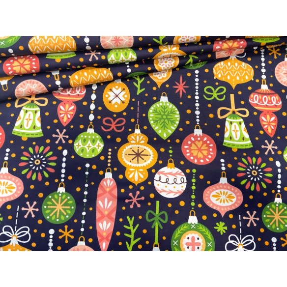 Cotton Fabric - Christmas Colorful Balls on Navy Blue
