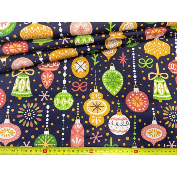 Cotton Fabric - Christmas Colorful Balls on Navy Blue