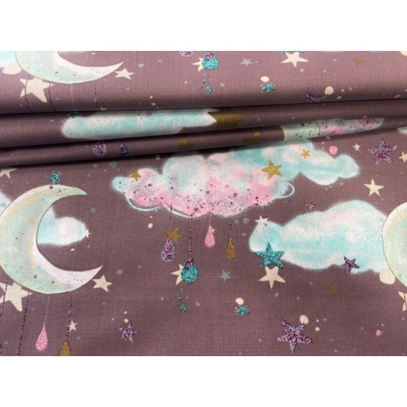 Cotton Fabric - Moons and Clouds with Gold