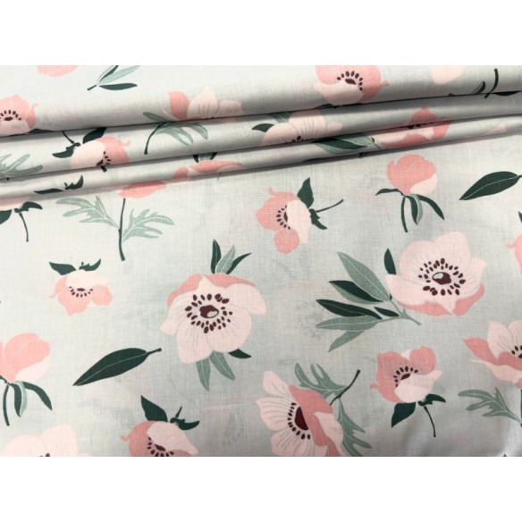 Cotton Fabric - Pink Poppy on Grey