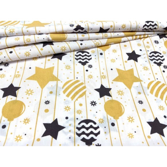 Cotton Fabric - Christmas Balls on a Line Gold-Navy Blue