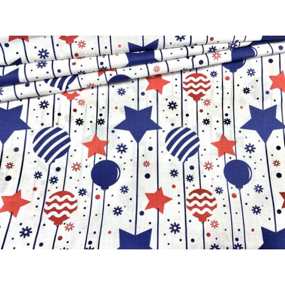 Cotton Fabric - Christmas Balls on a Line Red-Navy Blue