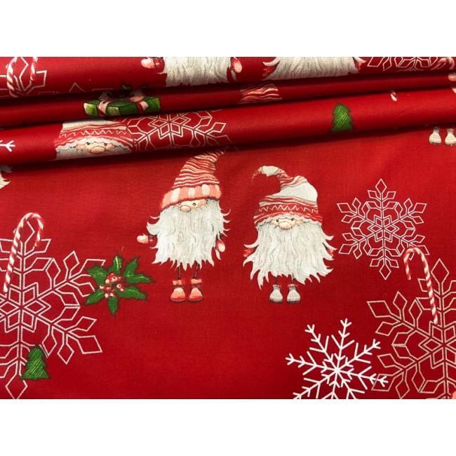 Cotton Fabric - Christmas Santa Clause and Snowflakes on Red
