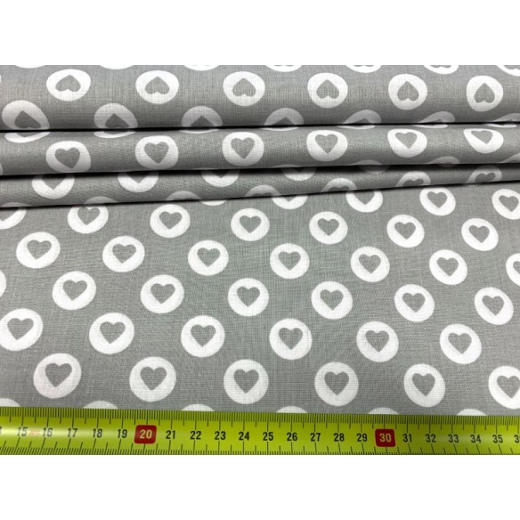 Cotton Fabric - Grey Stamp Hearts