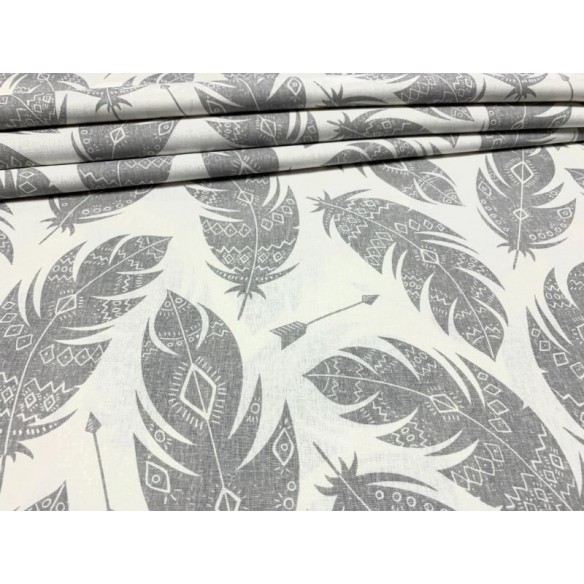 Cotton Fabric - Grey Native American Feathers on White