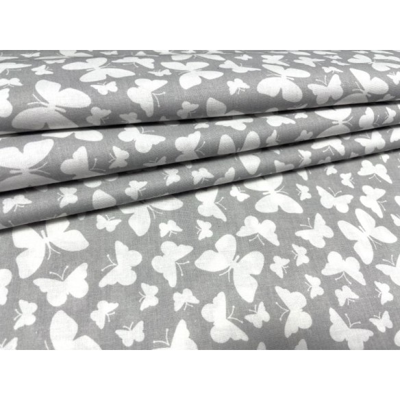 Cotton Fabric - Small White Butterflies on Grey