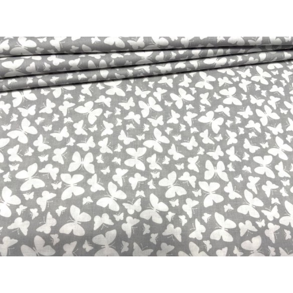 Cotton Fabric - Small White Butterflies on Grey