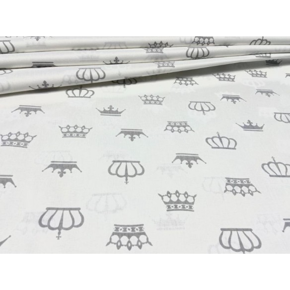 Cotton Fabric - Grey Crowns on White Background