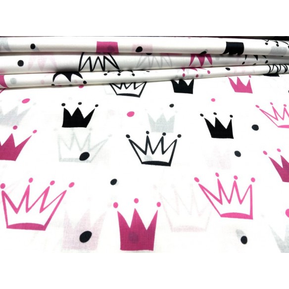 Cotton Fabric - Big Pink-Black Crowns on White