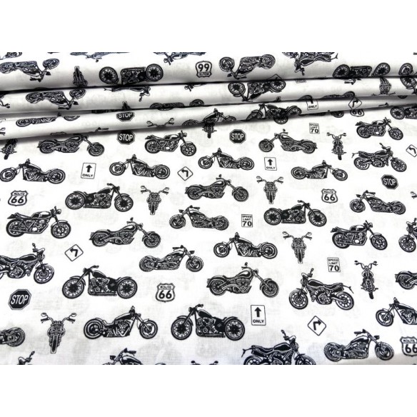 Cotton Fabric - Black Motorcycles on White