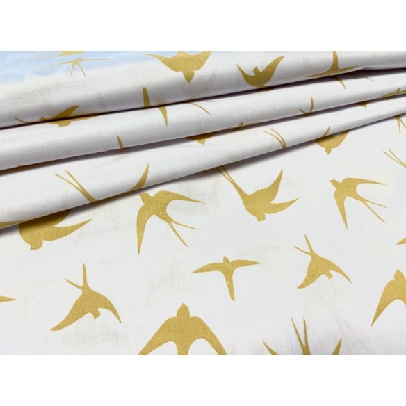Cotton Fabric - Gold Swallows on White