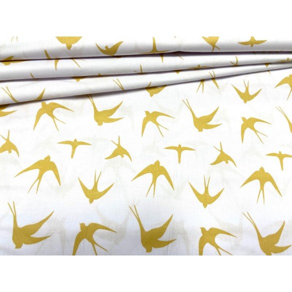 Cotton Fabric - Gold Swallows on White