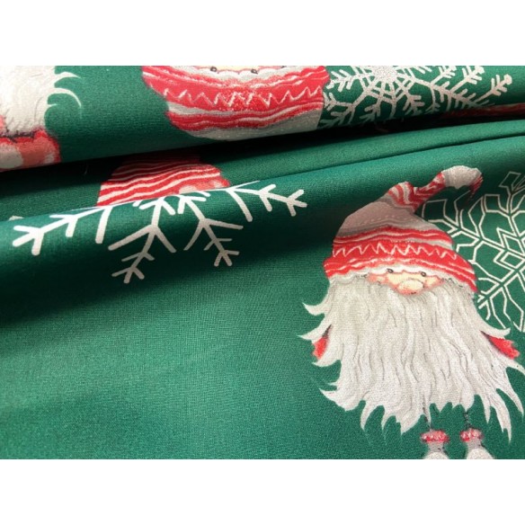 Cotton Fabric - Christmas Santa Claus and Snowflakes on Green