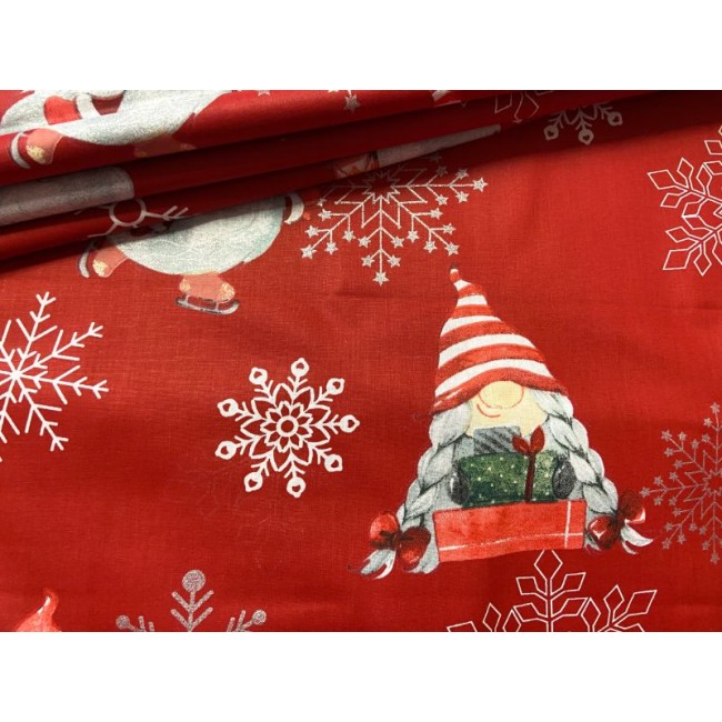 Cotton Fabric - Christmas Gnomes and Snowflakes on Red