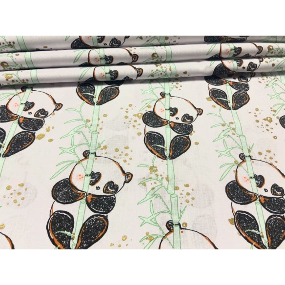 Cotton Fabric - Pandas with Bamboo on White