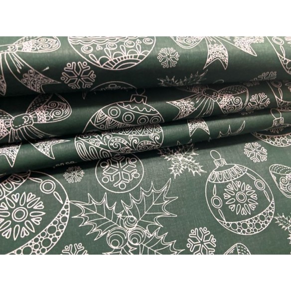 Cotton Fabric - Christmas Lace Balls on Green