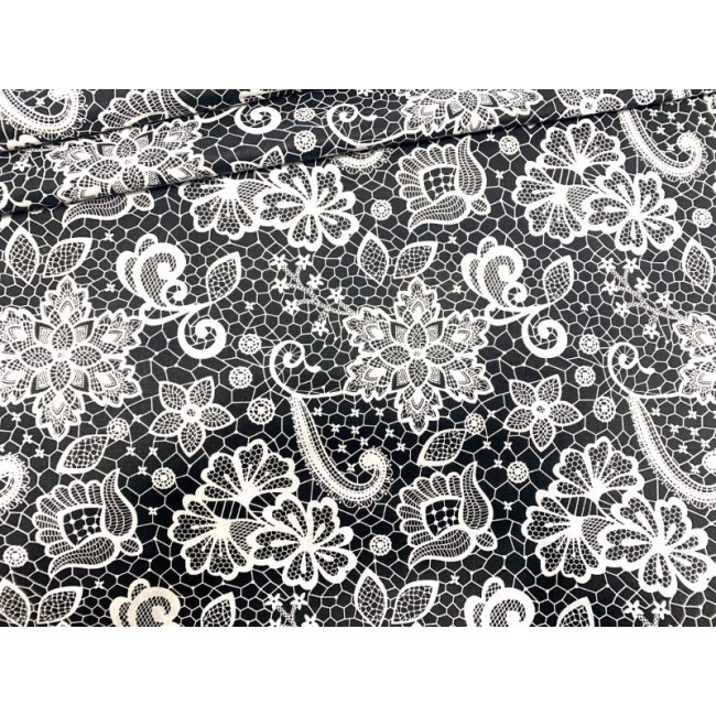 Cotton Fabric - White Lace on Black