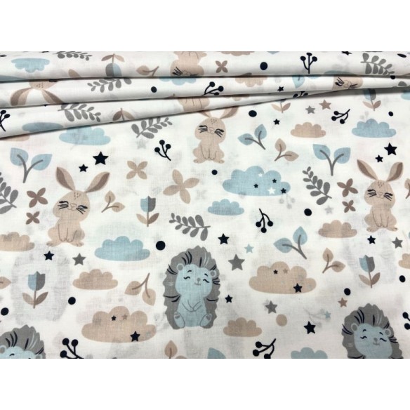 Cotton Fabric - Blue Hedgehogs and Beige Bunnies