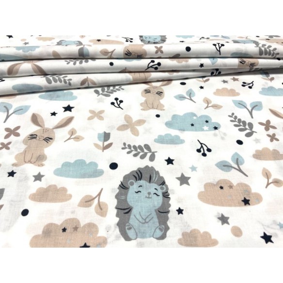 Cotton Fabric - Blue Hedgehogs and Beige Bunnies