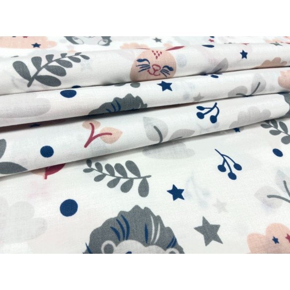 Cotton Fabric - Gray Hedgehogs and Red Bunnies