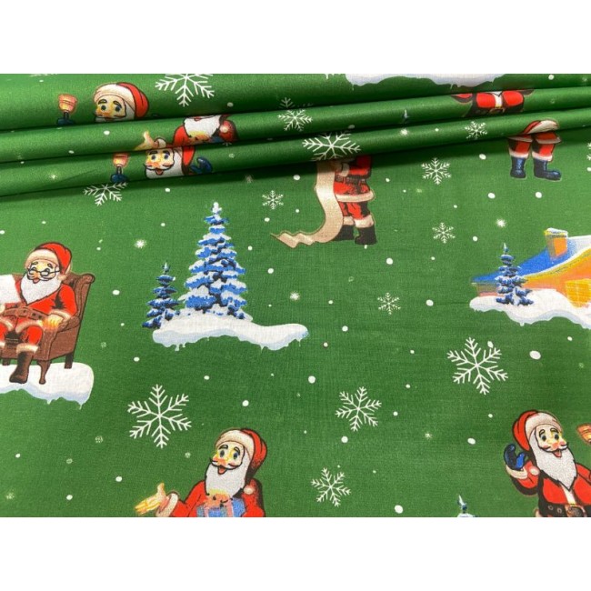 Cotton Fabric - Christmas Santa Claus Cottages Green