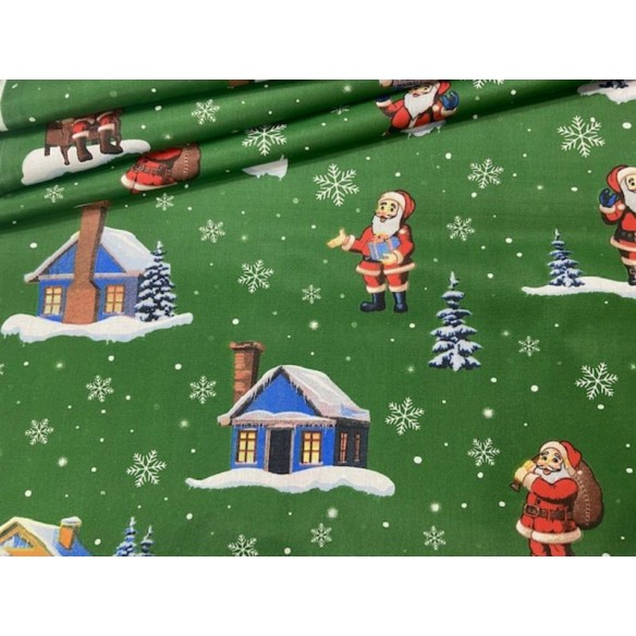 Cotton Fabric - Christmas Santa Claus Cottages Green