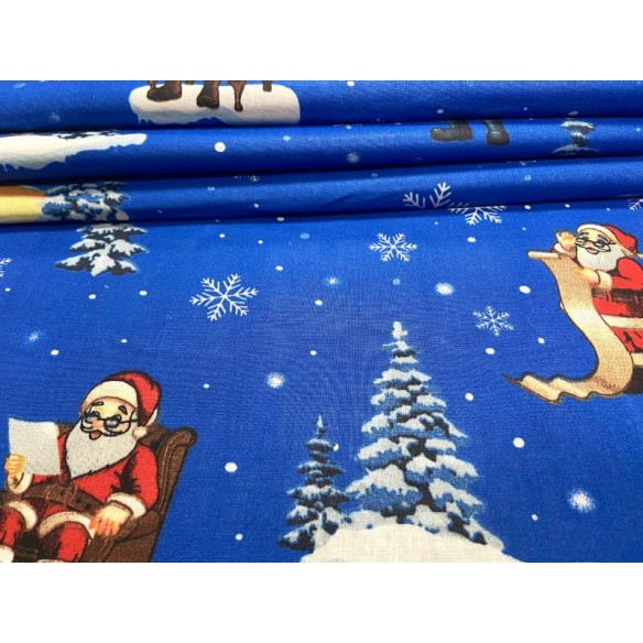 Cotton Fabric - Christmas Santa Claus Cottages Blue