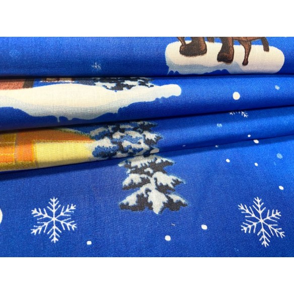 Cotton Fabric - Christmas Santa Claus Cottages Blue
