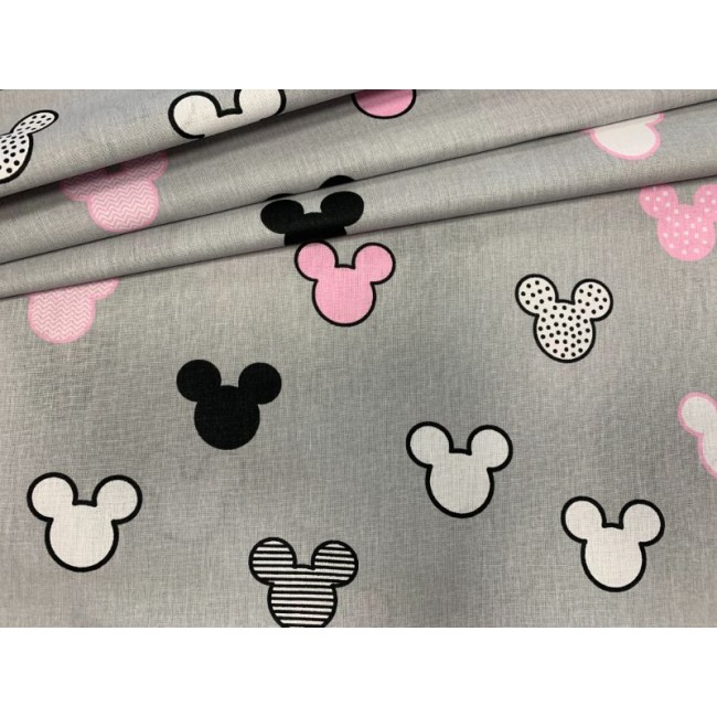 Bavlněná látka - růžový Mickey Mouse na šedé