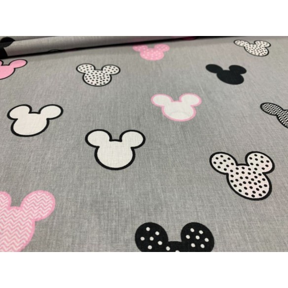 Bavlněná látka - růžový Mickey Mouse na šedé