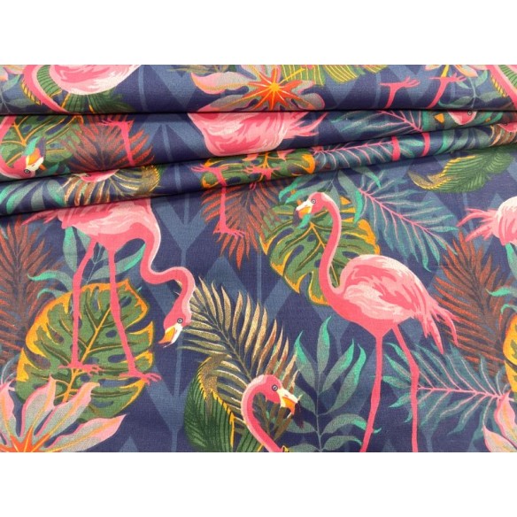 Cotton Fabric - Flamingos and Monstera on Navy Blue