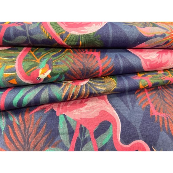 Cotton Fabric - Flamingos and Monstera on Navy Blue