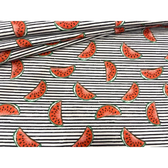 Cotton Fabric - Black-White Stripes and Watermelons