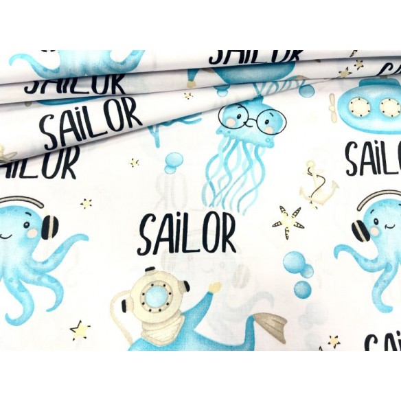 Cotton Fabric - Light Blue Medusas and Divers on White