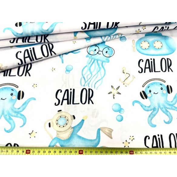 Cotton Fabric - Light Blue Medusas and Divers on White