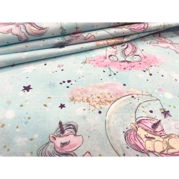 Cotton Fabric - Unicorns in the Clouds on Mint