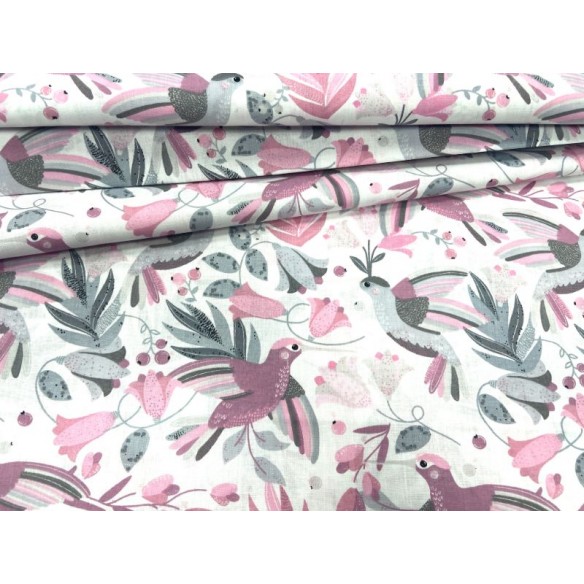 Cotton Fabric - Flowers and Hummingbird Pastel Pink