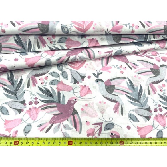 Cotton Fabric - Flowers and Hummingbird Pastel Pink