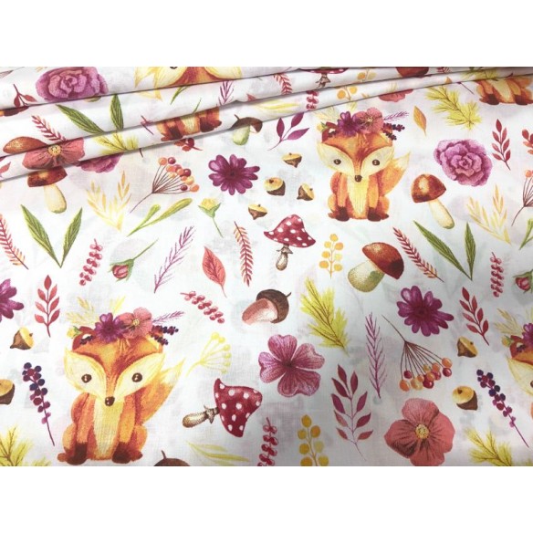 Cotton Fabric - Painted Foxes in the Forest on White